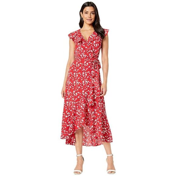 Max Studio Dresses & Skirts - Max Studio Bubble Cream Wrap Dress Size Large Ruffle Sleeveless Red 93615